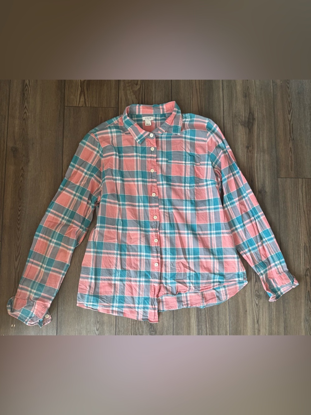J. Crew Pink and Teal Plaid Long-Sleeve Button-Up Shirt